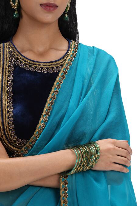 Buy_Mimamsaa_Blue Organza, Velvet Sequins Round Neck Aegean Scallop Saree And Blouse _Online_at_Aza_Fashions
