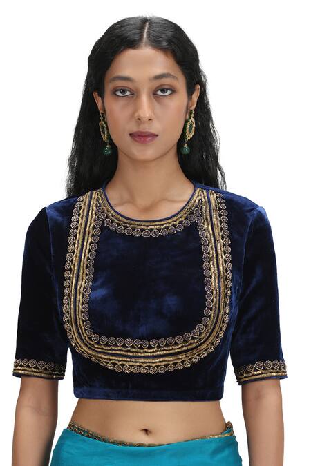 Shop_Mimamsaa_Blue Organza, Velvet Sequins Round Neck Aegean Scallop Saree And Blouse _Online_at_Aza_Fashions