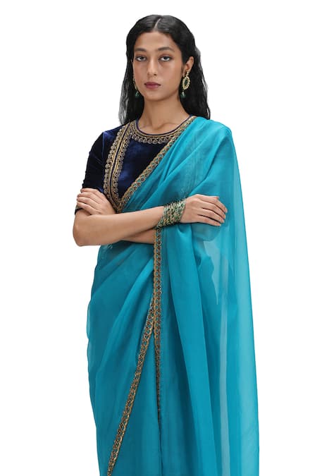 Mimamsaa_Blue Organza, Velvet Sequins Round Neck Aegean Scallop Saree And Blouse _at_Aza_Fashions