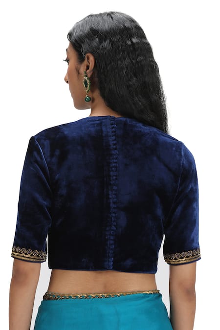 Buy_Mimamsaa_Blue Organza, Velvet Sequins Round Neck Aegean Scallop Saree And Blouse 