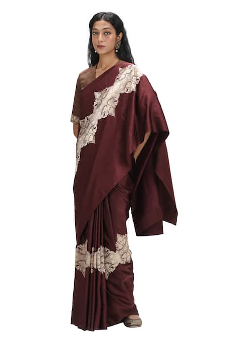 Mimamsaa Burgundy Satin, Silk Embroidery, Cut Work V-neck Woven Saree With Cutdana Blouse Online at Aza Fashions Mimamsaa_Burgundy Satin, Silk Embroidery, Cut Work V-neck Woven Saree With Cutdana Blouse _Online_at_Aza_Fashions
