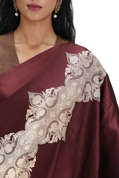 Buy Mimamsaa Burgundy Satin, Silk Embroidery, Cut Work V-neck Woven Saree With Cutdana Blouse Online at Aza Fashions Buy_Mimamsaa_Burgundy Satin, Silk Embroidery, Cut Work V-neck Woven Saree With Cutdana Blouse _Online_at_Aza_Fashions
