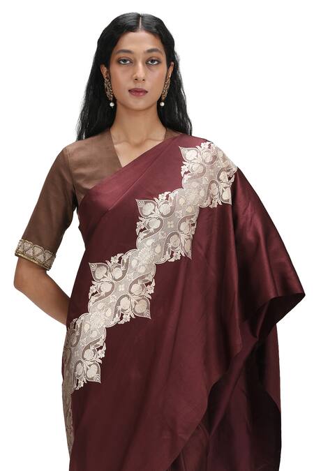 Shop Mimamsaa Burgundy Satin, Silk Embroidery, Cut Work V-neck Woven Saree With Cutdana Blouse Online at Aza Fashions Shop_Mimamsaa_Burgundy Satin, Silk Embroidery, Cut Work V-neck Woven Saree With Cutdana Blouse _Online_at_Aza_Fashions