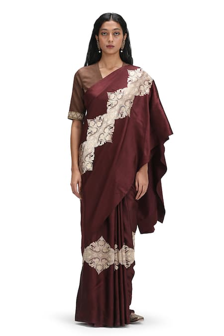 Shop Mimamsaa Burgundy Satin, Silk Embroidery, Cut Work V-neck Woven Saree With Cutdana Blouse at Aza Fashions Shop_Mimamsaa_Burgundy Satin, Silk Embroidery, Cut Work V-neck Woven Saree With Cutdana Blouse _at_Aza_Fashions