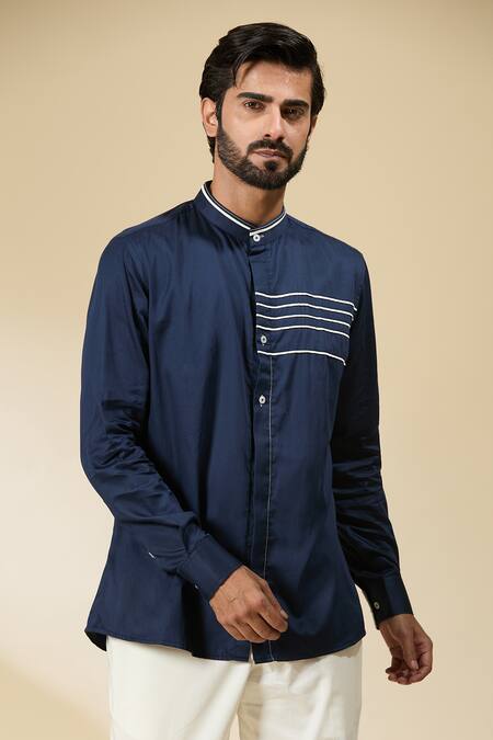 Buy_Ankita Shahabadi_Blue Cotton Satin Embroidery Navy Stripe Placement Shirt 