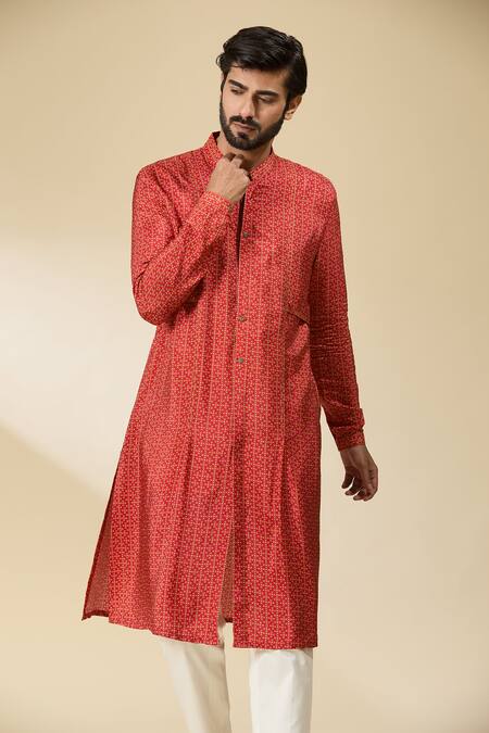 Buy_Ankita Shahabadi_Red Muslin, Silk Embroidery Geometric Print Kurta 