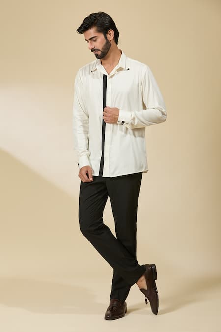 Buy_Ankita Shahabadi_White Cotton Satin Patchwork Embroidered Shirt 