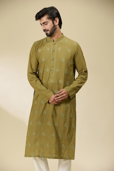 Buy_Ankita Shahabadi_Green Linen Embroidery Resham Kurta 