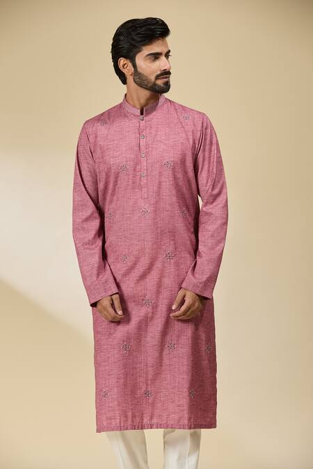 Buy_Ankita Shahabadi_Pink Handloom Cotton Embroidery Resham Mandarin Collar Kurta 