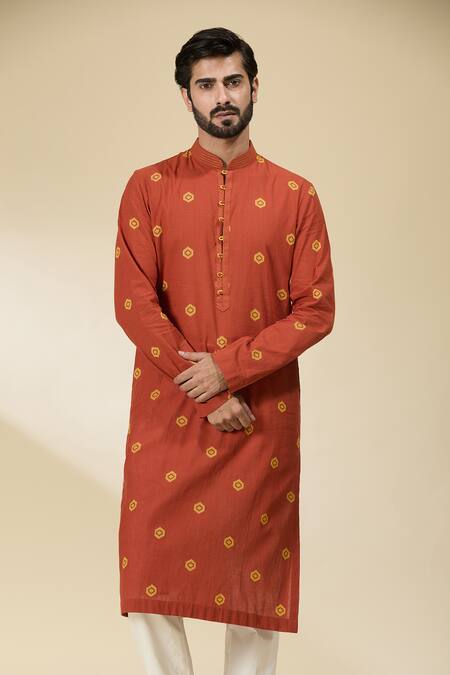 Buy_Ankita Shahabadi_Orange Handloom Cotton Embroidery Geometric Woven Kurta 