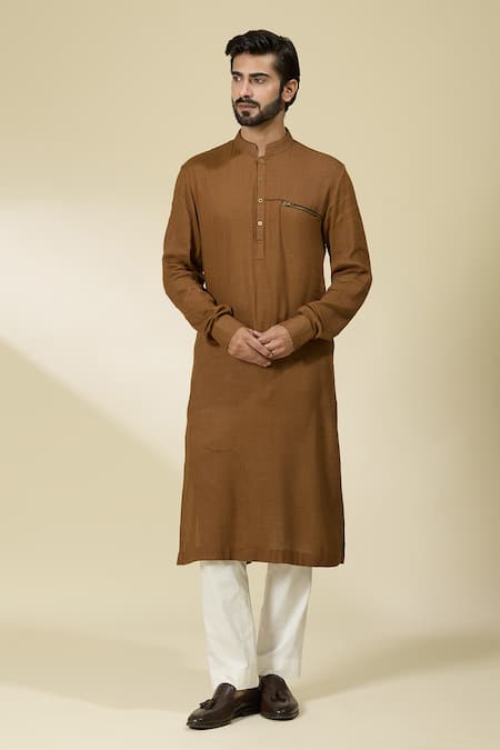 Buy_Ankita Shahabadi_Brown Handloom Cotton Mandarin Collar Kurta 