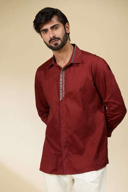 Buy_Ankita Shahabadi_Brown Cotton Satin Embroidery Thread Shirt 