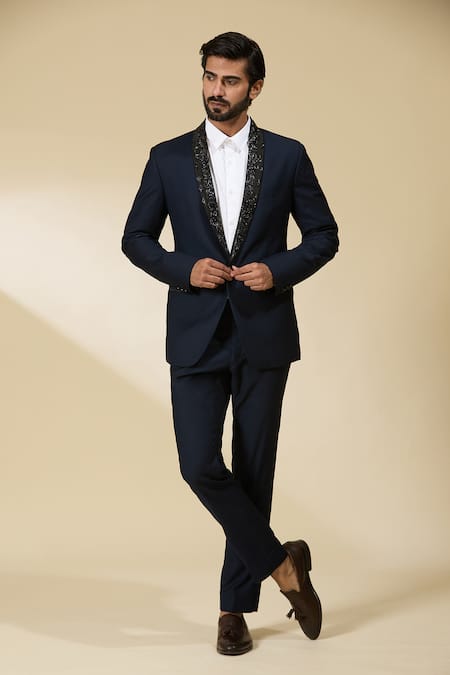 Buy_Ankita Shahabadi_Navy Suede Cut Work Cutdana Embroidered Tuxedo And Pant Set 