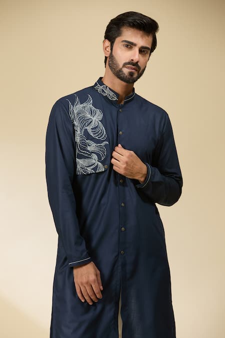 Buy_Ankita Shahabadi_Blue Cotton Satin Cut Work Navy Abstract Placement Embroidered Kurta 