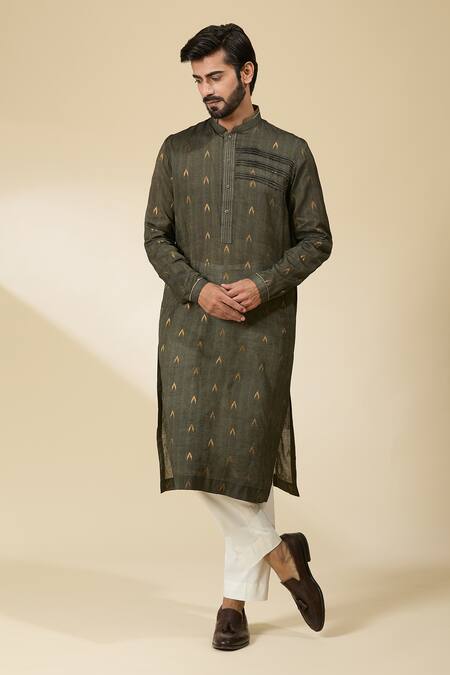 Shop_Ankita Shahabadi_Green Silk Ikat Woven Kurta 