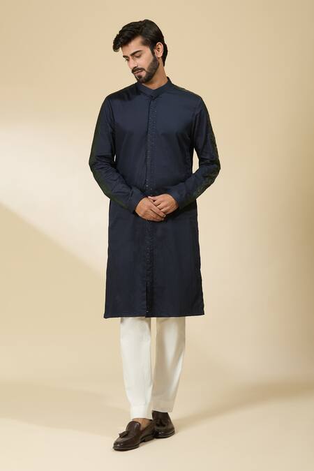 Buy_Ankita Shahabadi_Blue Cotton Satin Cut Work Cutdana Placket Embroidered Kurta 