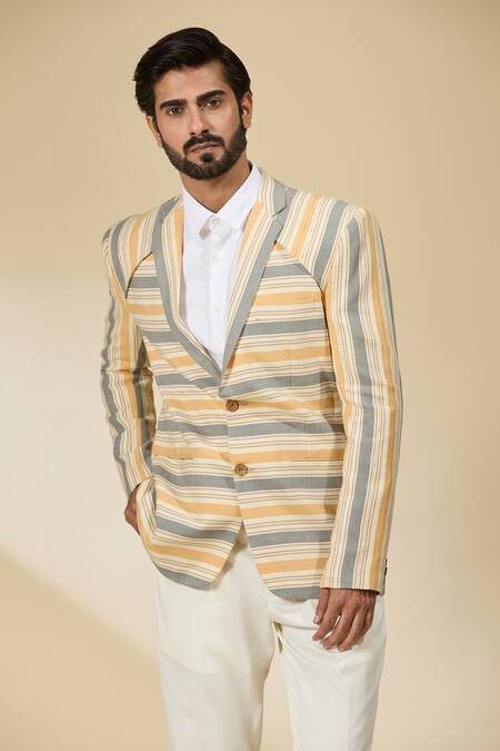 Buy_Ankita Shahabadi_Blue Linen Stripe Print Blazer 