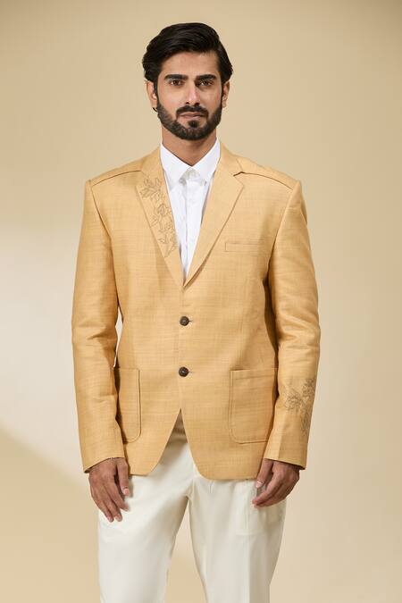 Buy_Ankita Shahabadi_Yellow Linen Embroidery Floral Blazer 