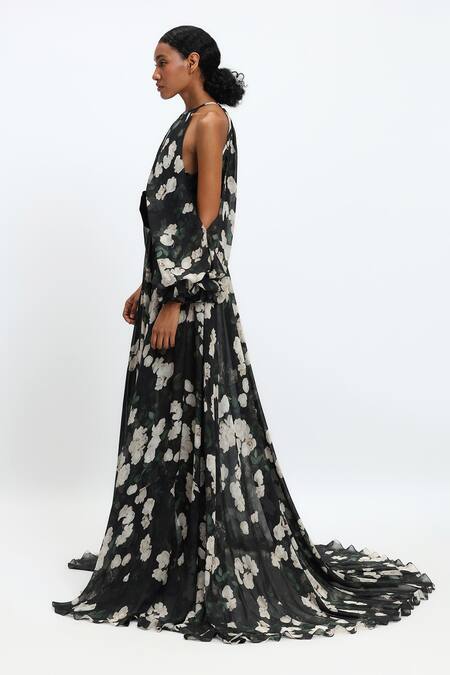 Gauri & Nainika Black Chiffon Halter Neck Floral Cold Shoulder Designer Gown Online at Aza Fashions Gauri & Nainika_Black Chiffon Halter Neck Floral Cold Shoulder Designer Gown _Online_at_Aza_Fashions
