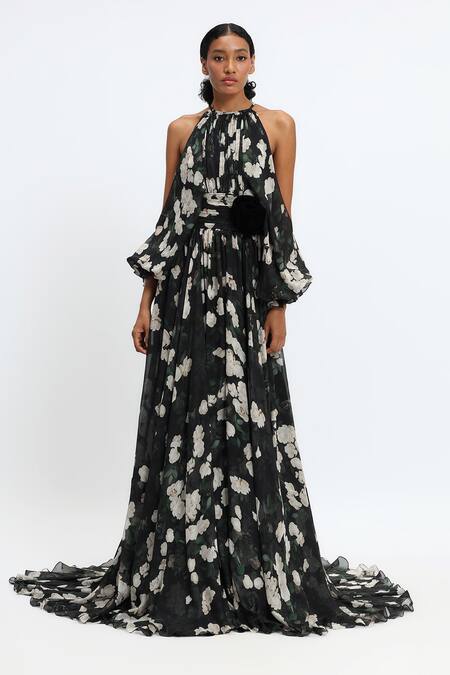 Buy Gauri & Nainika Black Chiffon Halter Neck Floral Cold Shoulder Designer Gown Online at Aza Fashions Buy_Gauri & Nainika_Black Chiffon Halter Neck Floral Cold Shoulder Designer Gown _Online_at_Aza_Fashions