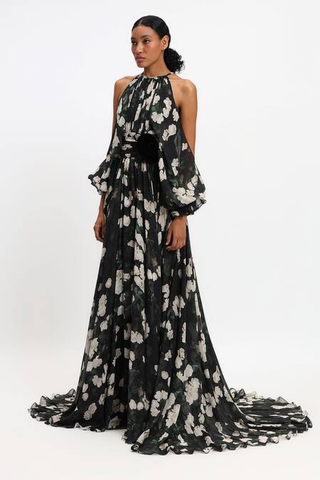 Shop Gauri & Nainika Black Chiffon Halter Neck Floral Cold Shoulder Designer Gown Online at Aza Fashions Shop_Gauri & Nainika_Black Chiffon Halter Neck Floral Cold Shoulder Designer Gown _Online_at_Aza_Fashions