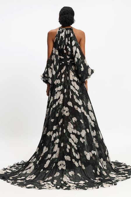 Shop Gauri & Nainika Black Chiffon Halter Neck Floral Cold Shoulder Designer Gown at Aza Fashions Shop_Gauri & Nainika_Black Chiffon Halter Neck Floral Cold Shoulder Designer Gown _at_Aza_Fashions