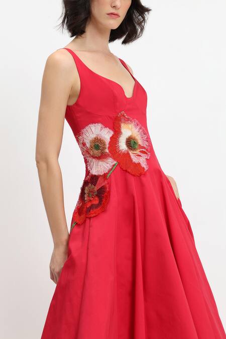 Gauri & Nainika_Red Cotton Embroidery Open Neck Hand Flower Maxi Dress _Online_at_Aza_Fashions