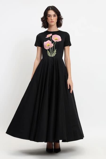 Gauri & Nainika_Black Cotton Embroidery Round Neck Botanical Thread Maxi Dress _Online_at_Aza_Fashions