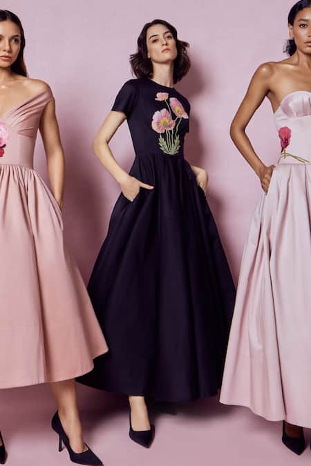 Shop_Gauri & Nainika_Black Cotton Embroidery Round Neck Botanical Thread Maxi Dress _Online_at_Aza_Fashions