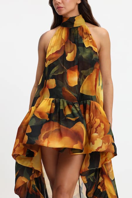 Gauri & Nainika_Yellow Chiffon Ruffles Halter Neck Asymmetric Peonies Bloom Dress _Online_at_Aza_Fashions