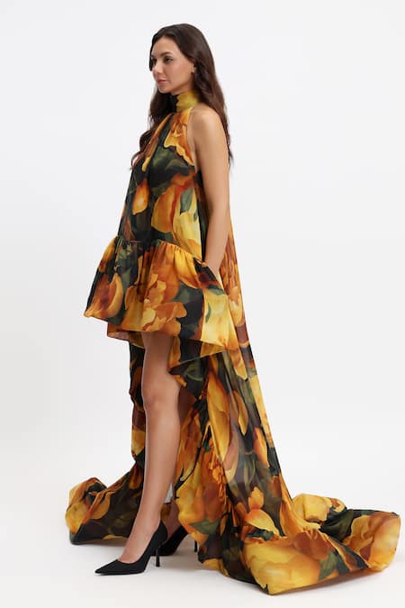 Buy_Gauri & Nainika_Yellow Chiffon Ruffles Halter Neck Asymmetric Peonies Bloom Dress _Online_at_Aza_Fashions