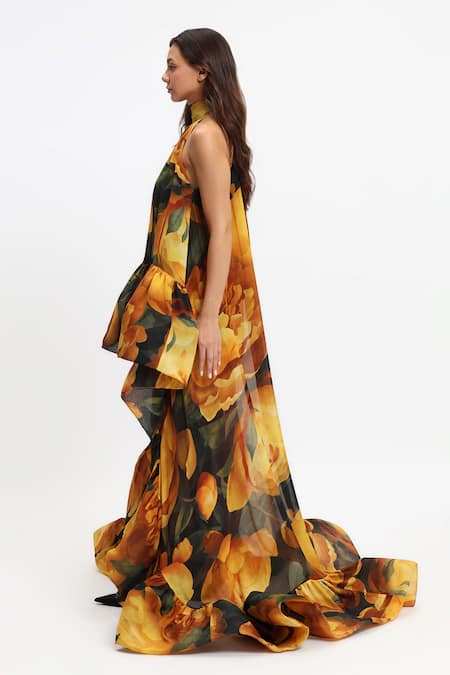 Shop_Gauri & Nainika_Yellow Chiffon Ruffles Halter Neck Asymmetric Peonies Bloom Dress _Online_at_Aza_Fashions