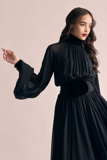Shop Gauri & Nainika Black Chiffon Fabric Flowers High Neck Puff Sleeve Midi Dress at Aza Fashions Shop_Gauri & Nainika_Black Chiffon Fabric Flowers High Neck Puff Sleeve Midi Dress _at_Aza_Fashions