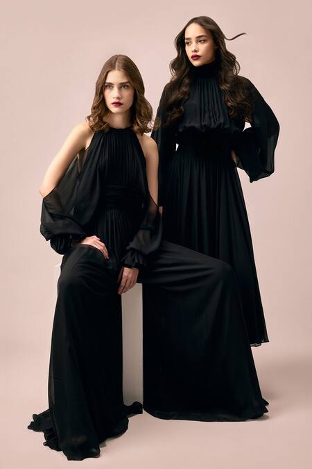 Gauri & Nainika Black Chiffon Fabric Flowers High Neck Puff Sleeve Midi Dress Online at Aza Fashions Gauri & Nainika_Black Chiffon Fabric Flowers High Neck Puff Sleeve Midi Dress _Online_at_Aza_Fashions