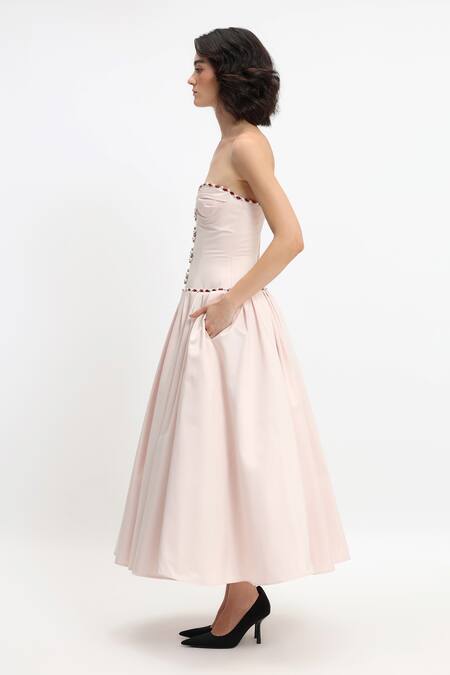 Gauri & Nainika_Pink Cotton Crystals Sweetheart Neck Embroidered Strapless Dress _Online_at_Aza_Fashions