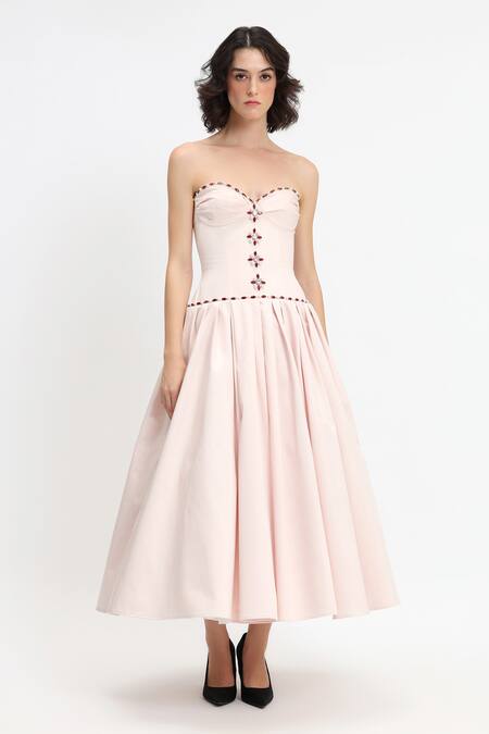 Buy_Gauri & Nainika_Pink Cotton Crystals Sweetheart Neck Embroidered Strapless Dress _Online_at_Aza_Fashions