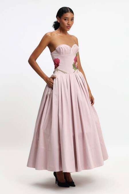 Shop Gauri & Nainika Purple Cotton Embroidery Sweetheart Neck Botanical Maxi Dress Online at Aza Fashions Shop_Gauri & Nainika_Purple Cotton Embroidery Sweetheart Neck Botanical Maxi Dress _Online_at_Aza_Fashions