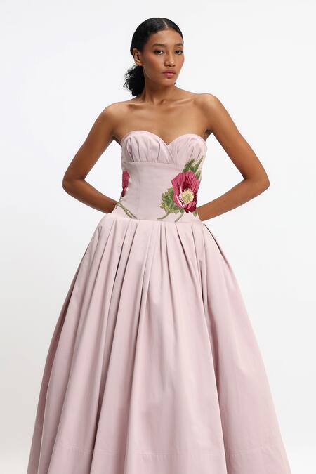 Buy Gauri & Nainika Purple Cotton Embroidery Sweetheart Neck Botanical Maxi Dress Buy_Gauri & Nainika_Purple Cotton Embroidery Sweetheart Neck Botanical Maxi Dress