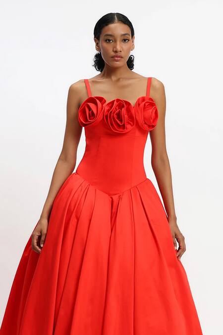 Buy_Gauri & Nainika_Red Cotton Fabric Flowers Square Neck Rose Embellished Maxi Dress _Online_at_Aza_Fashions