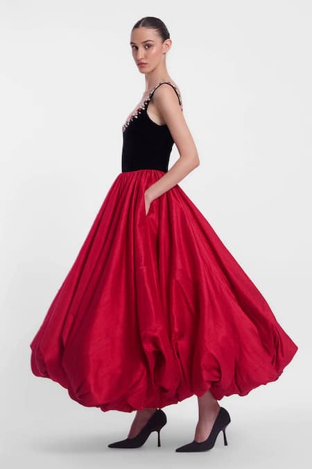 Gauri & Nainika_Black Velvet, Silk Crystals Round Neck Embroidered Balloon Hem Dress _Online_at_Aza_Fashions