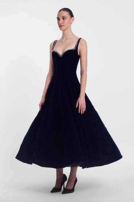 Gauri & Nainika Blue Velvet Crystals Sweetheart Neck Navy Embroidered Midi Dress Online at Aza Fashions Gauri & Nainika_Blue Velvet Crystals Sweetheart Neck Navy Embroidered Midi Dress _Online_at_Aza_Fashions