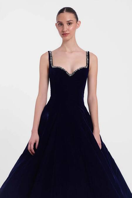Buy Gauri & Nainika Blue Velvet Crystals Sweetheart Neck Navy Embroidered Midi Dress Online at Aza Fashions Buy_Gauri & Nainika_Blue Velvet Crystals Sweetheart Neck Navy Embroidered Midi Dress _Online_at_Aza_Fashions