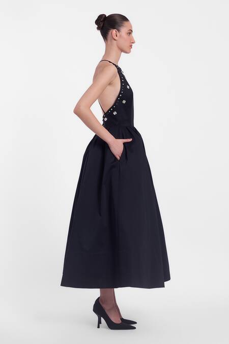 Shop_Gauri & Nainika_Black Cotton Crystals Halter Neck Embroidered Midi Dress _Online_at_Aza_Fashions