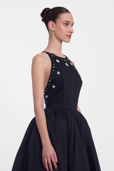 Gauri & Nainika_Black Cotton Crystals Halter Neck Embroidered Midi Dress _at_Aza_Fashions