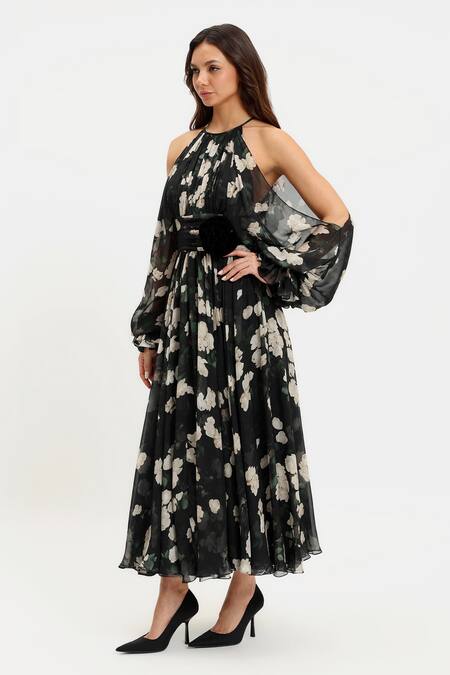 Buy_Gauri & Nainika_Black Chiffon Ribbons Halter Neck Floral Cold Shoulder Midi Dress _Online_at_Aza_Fashions