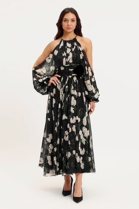 Gauri & Nainika Floral Cold Shoulder Midi Dress 
