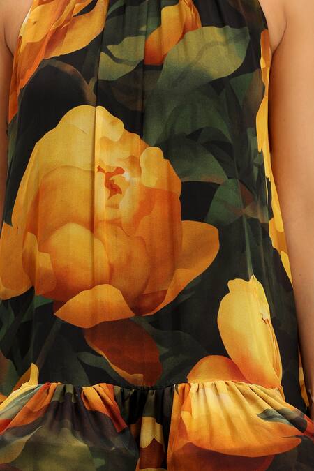 Shop_Gauri & Nainika_Yellow Chiffon Ruffles High Neck Peonies Bloom Trapeze Dress _Online_at_Aza_Fashions
