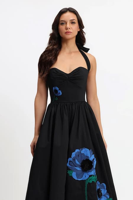 Gauri & Nainika_Black Cotton Embroidery Sweetheart Neck Botanical Midi Dress _Online_at_Aza_Fashions