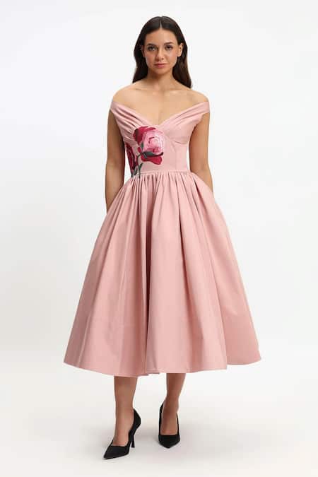 Gauri & Nainika Botanical Embroidered Off-Shoulder Midi Dress 