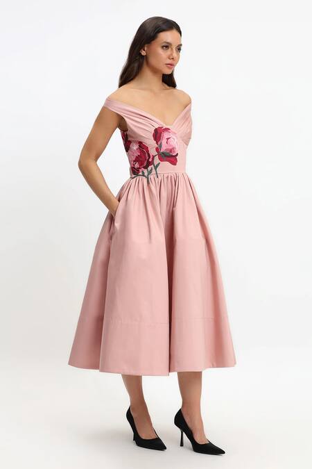 Gauri & Nainika_Pink Cotton Embroidery Off-shoulder, V-neck Botanical Midi Dress _Online_at_Aza_Fashions